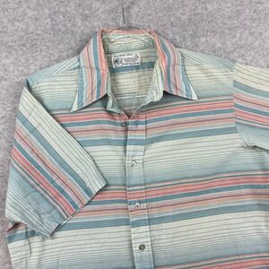 Vintage 70s Shirt Blue Pink Beach Striped Big Collar Kmart Permanent Press L USA